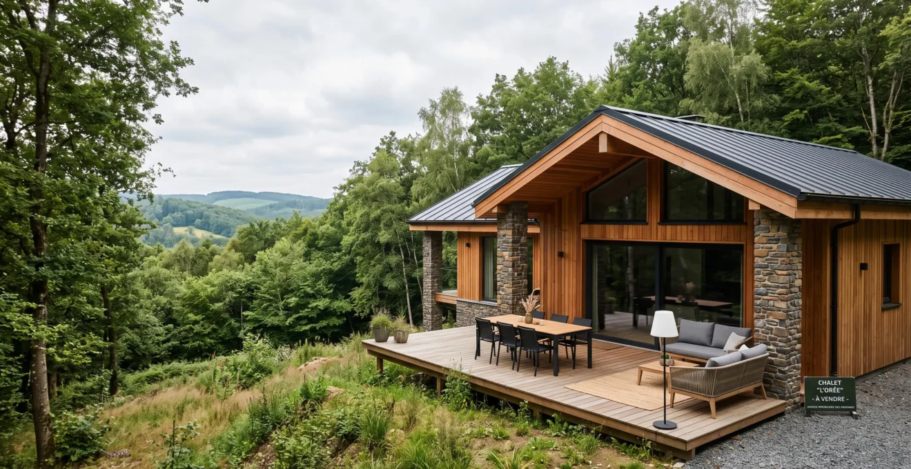 Chalet contemporain en bois et pierre dans les Ardennes belges, entouré de forêt dense, avec terrasse aménagée et collines boisées en arrière-plan, lumière naturelle douce