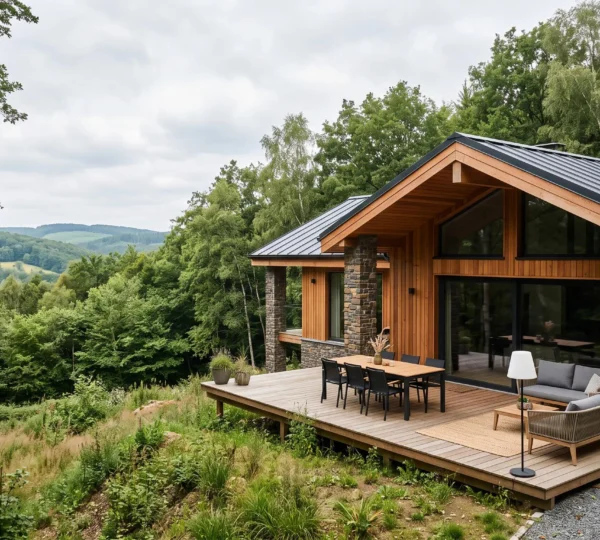 Chalet contemporain en bois et pierre dans les Ardennes belges, entouré de forêt dense, avec terrasse aménagée et collines boisées en arrière-plan, lumière naturelle douce