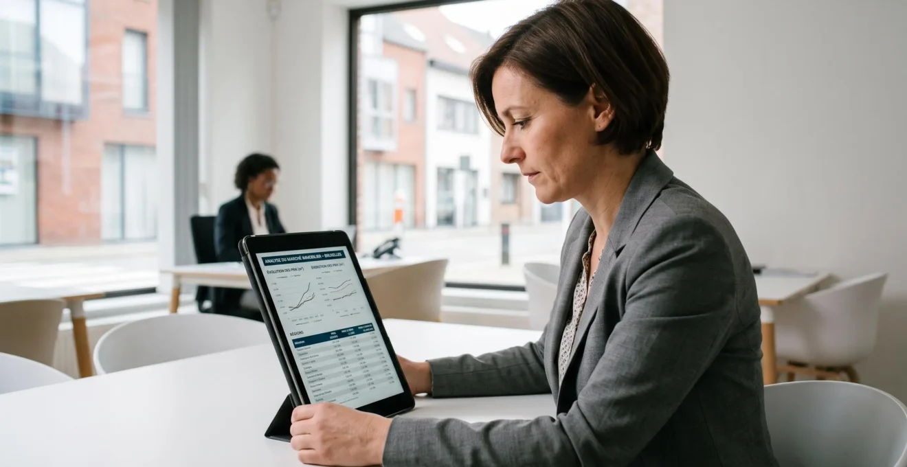Conseillère immobilière consultant des données de marché sur tablette dans une agence contemporaine belge, lumière naturelle par baie vitrée