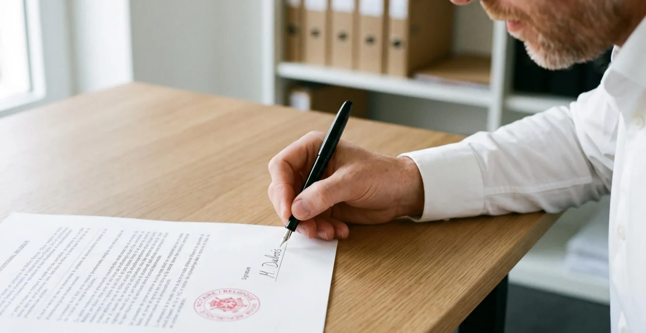 Gros plan sur signature d'un acte notarié immobilier belge avec stylo plume, document officiel avec sceau notarial visible sur bureau contemporain